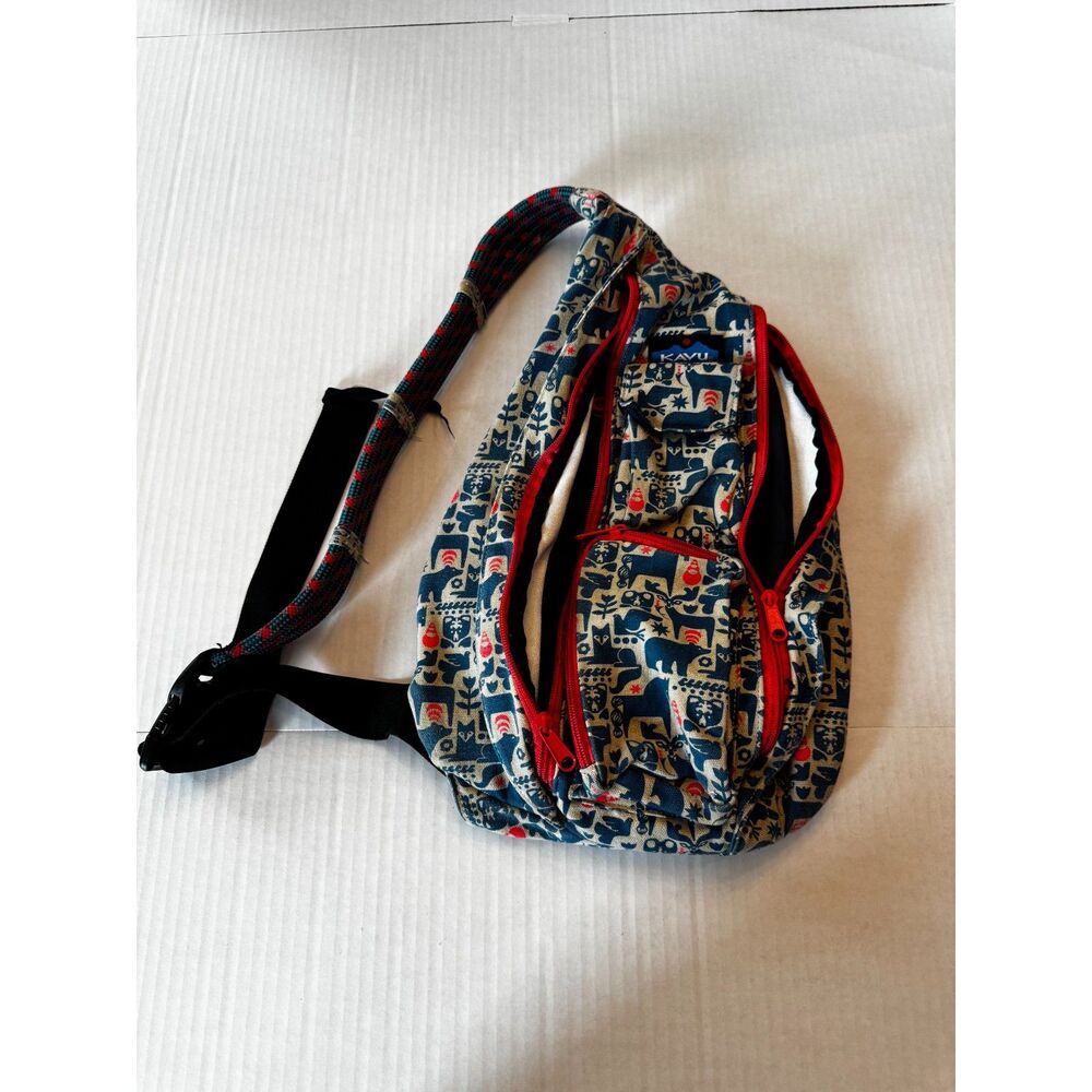KAVU Rope Sling Bag Woodland Animal Print Crossbody Backpack Blue Red Cotton